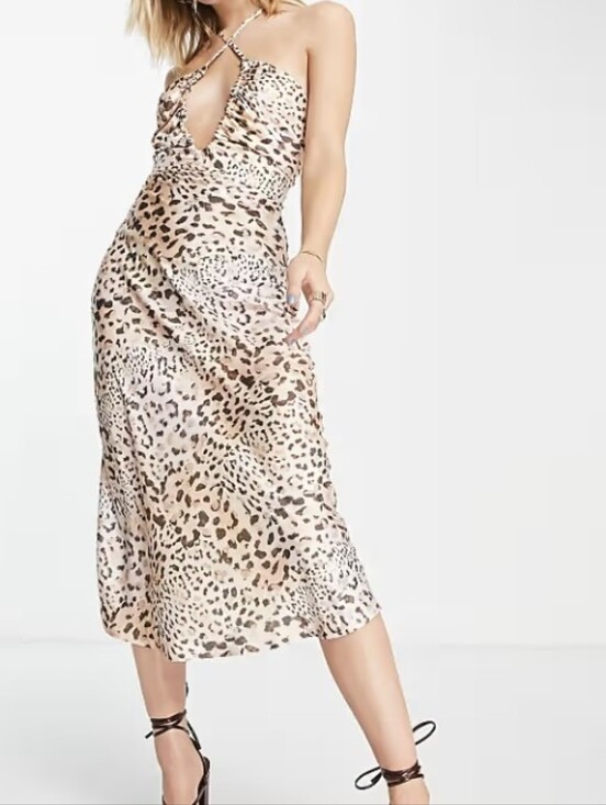 ASOS Dresses & Skirts - ASOS DESIGN cross font halter satin midi dress with tie back in leopard print